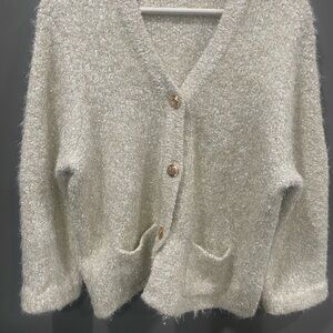 Cozy Cream Gold Thread Women's V neck Cardigan